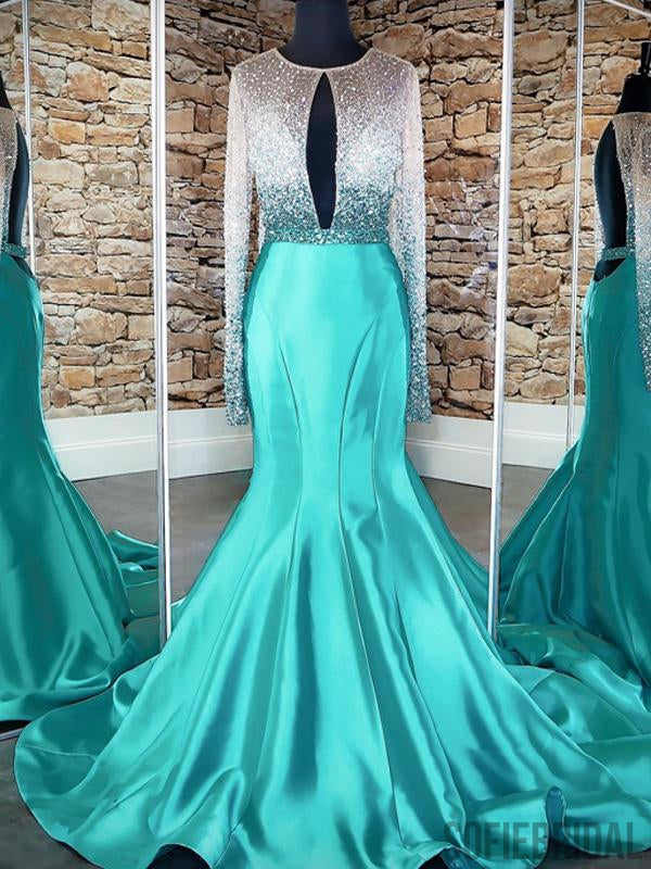 Long Sleeves Beaded Sexy Mermaid Satin Prom Dresses, PD0798