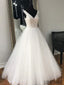 V Neck White Rhinestone Cheap A-line Custom Wedding Dresses Online, WD348