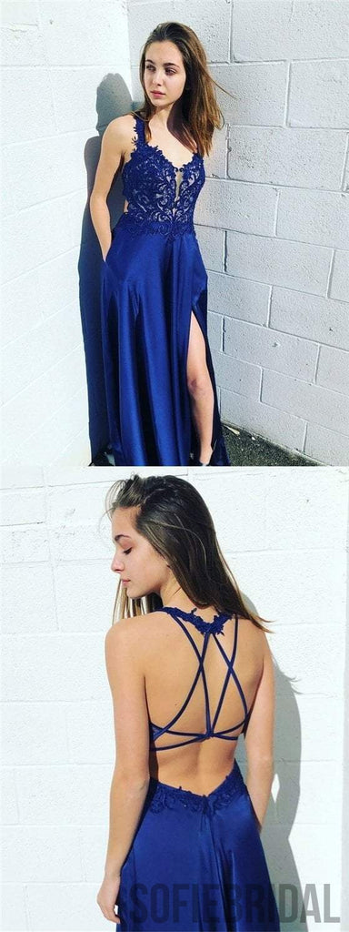 Royal Blue Lace Prom Dresses, Side Slit Prom Dresses, Cheap Prom Dresses, PD0668