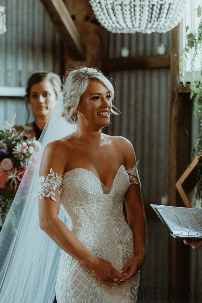 Newest Mermaid Off-shoulder Fulle Lace Sexy Tulle Wedding Dresses With Train, WD0477