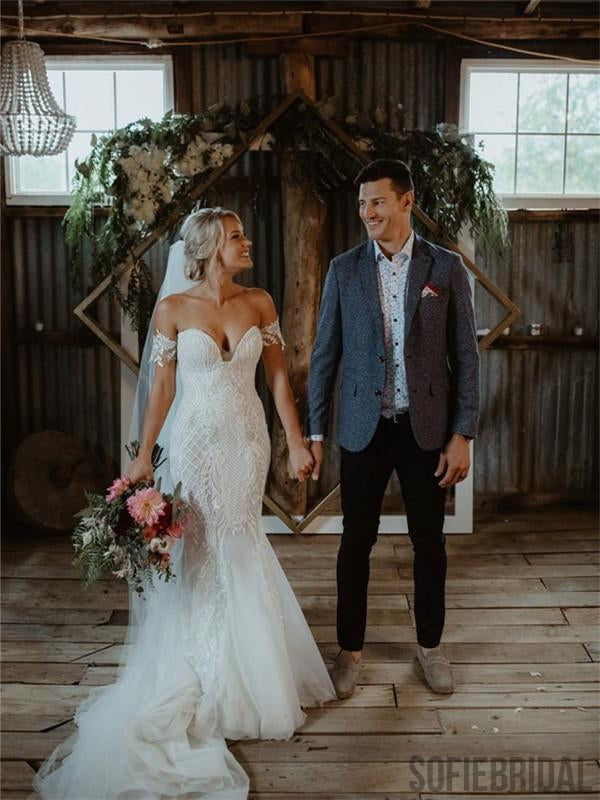 Newest Mermaid Off-shoulder Fulle Lace Sexy Tulle Wedding Dresses With Train, WD0477