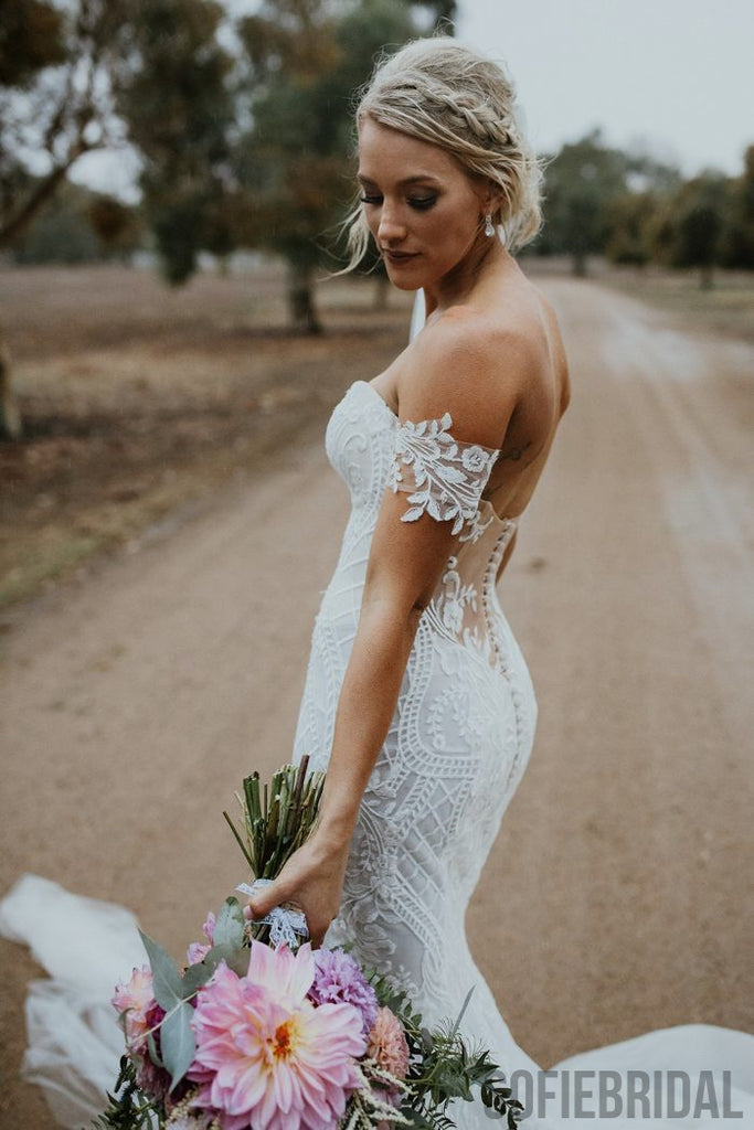 Newest Mermaid Off-shoulder Fulle Lace Sexy Tulle Wedding Dresses With Train, WD0477