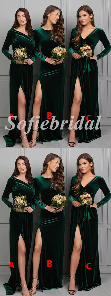 Mismatched Sexy Velvet V-Neck Long Sleeve Side Slit Sheath Floor Length Bridesmaid Dressses,SFWG00485