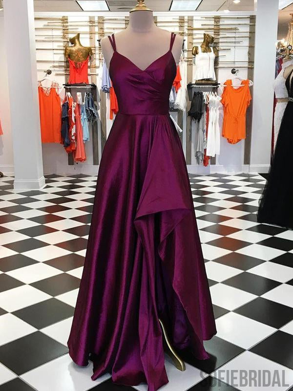 Long A-line Hi-low Plum Satin Prom Dresses, Formal Dresses, PD0886
