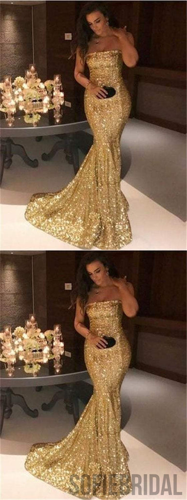 Strapless Gold Sequin Mermaid Prom Dresses, Sexy Prom Dresses, Popular Prom Dresses, PD0621