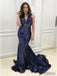 V-neck Sequin Prom Dresses, Navy Prom Dresses, Mermaid Prom Dresses, Prom Dresses, PD0607
