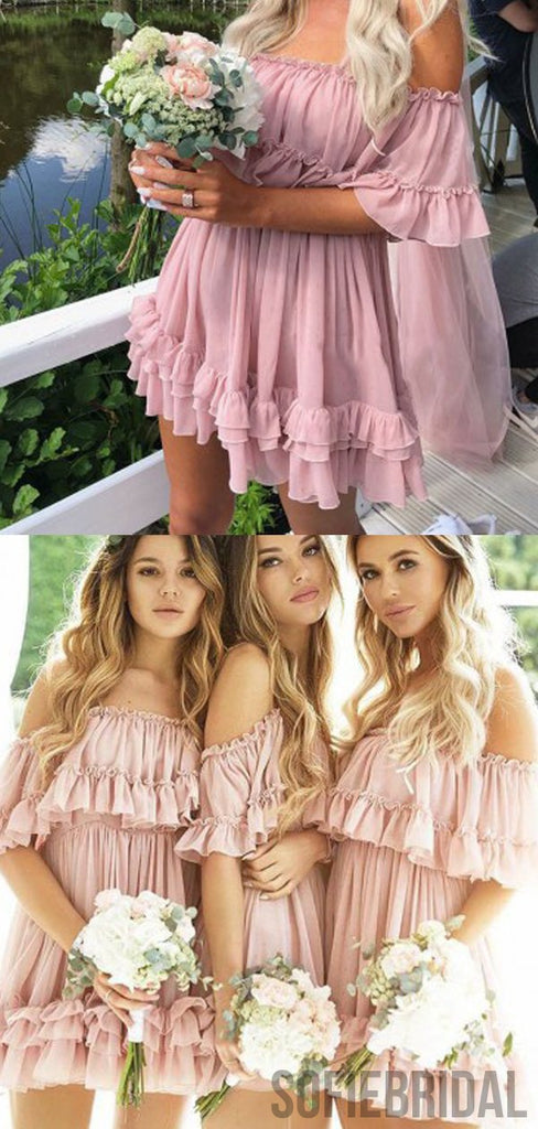 Pink Off Shoulder Short Bridesmaid Dresses, Lovely Junior Bridesmaid Dresses, PD0700