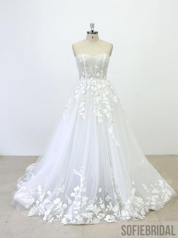 Strapless Lace See Through Beaded A-line Unique Wedding Dresses Online, WD391