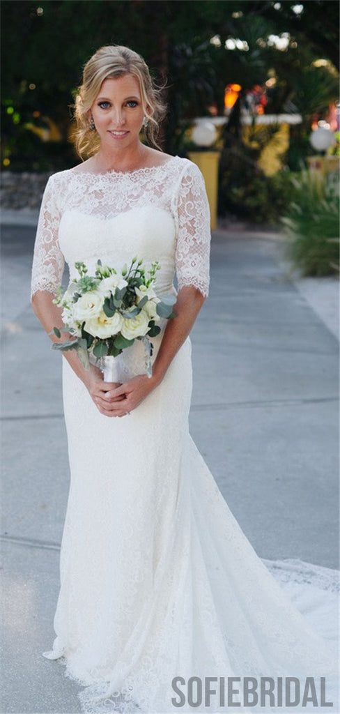 Sheath Half Beatau Neck Half Sleeves Lace Backless With Train, WD0471