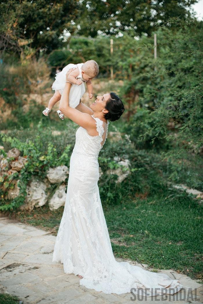 Newest V-neck Sleeveless See-though Back Lace Wedding Dresses, WD0474