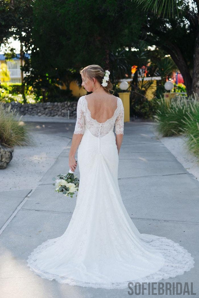 Sheath Half Beatau Neck Half Sleeves Lace Backless With Train, WD0471