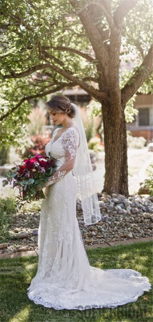 Mermaid V-neck Long Sleeves Lace Backless Wedding Dresses, WD0307