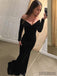 Off Shoulder Long Sleeves Mermaid Black Velvet Prom Dresses, PD0861