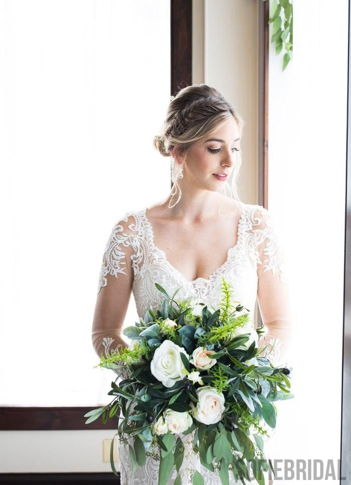 Sheath V-neck Long Sleeves Open-back Lace Wedding Dresses, WD0473