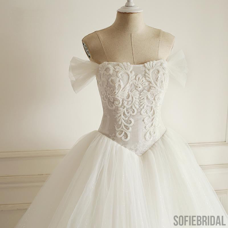 Off Shoulder Beaded A-line Lace Long Custom Cheap Wedding Dresses, WD304