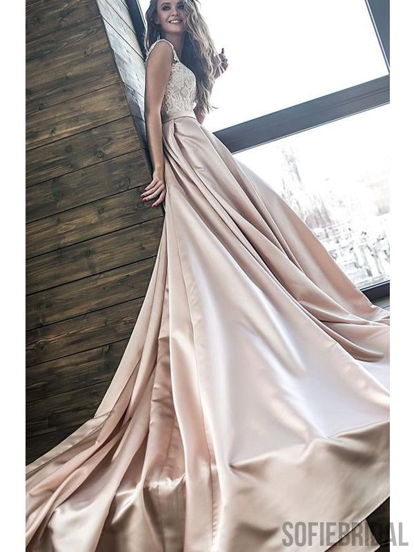 Off Shoulder Lace Top Long A-line Satin Wedding Dresses, WD0276