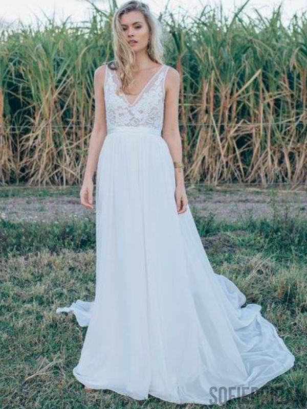 V-neck Lace Chiffon Long A-line Simple Country Wedding Dresses, WD0299