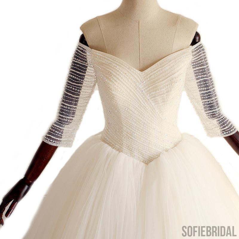 Off Shoulder Long Sleeve Beaded A-line Lace Long Custom Cheap Wedding Dresses, WD303