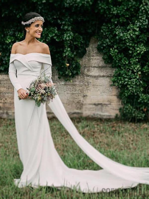 Off Shoulder Long Sheath Long Sleeves Wedding Dresses, WD0304
