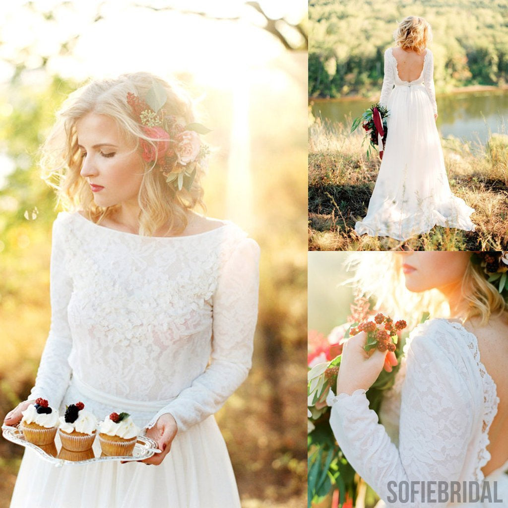 Long Sleeve Backless Wedding Dresses, Lace Wedding Dresses, Country Wedding Dresses, Wedding Dresses, WD0091