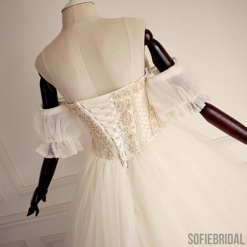 Off Shoulder Beaded A-line Lace Long Custom Cheap Wedding Bridal Dresses, WD302