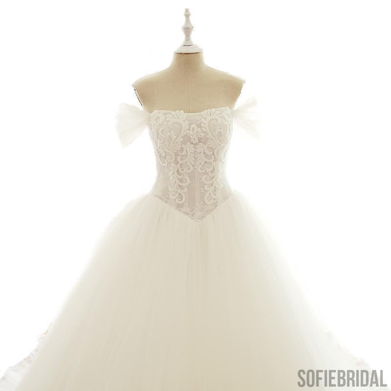 Off Shoulder Beaded A-line Lace Long Custom Cheap Wedding Dresses, WD304