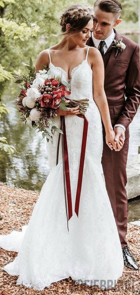 Spaghetti Long Mermaid Ivory Lace Tulle Wedding Dresses, Bridal Gown, WD0283