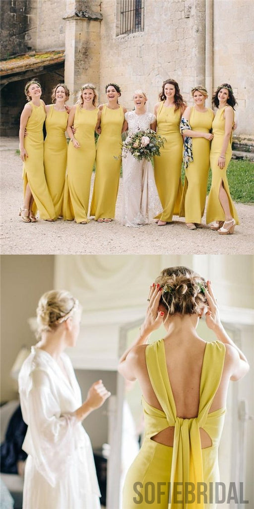 Yellow Bridesmaid Dresses, Sheath Bridesmaid Dresses, Side Slit Bridesmaid Dresses, PD0479