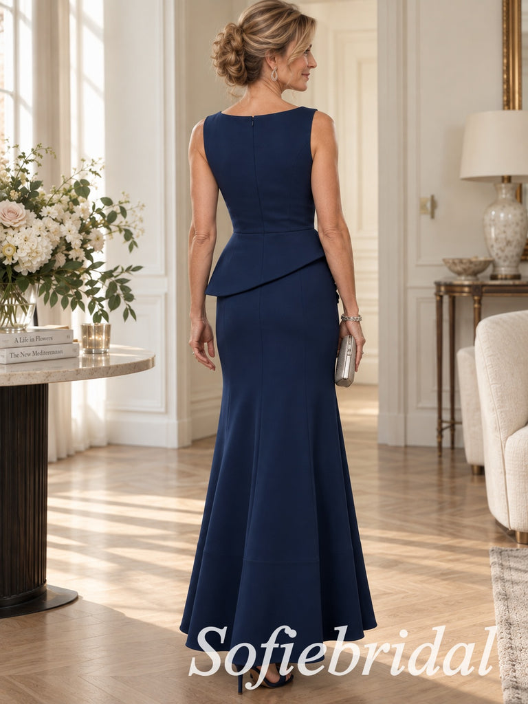Navy Crepe Boat Neck Sleeveless Mother Of The Bride Gown With 3D Floral Peplum, SFM022