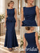 Navy Crepe Boat Neck Sleeveless Mother Of The Bride Gown With 3D Floral Peplum, SFM022