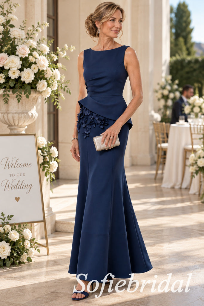 Navy Crepe Boat Neck Sleeveless Mother Of The Bride Gown With 3D Floral Peplum, SFM022