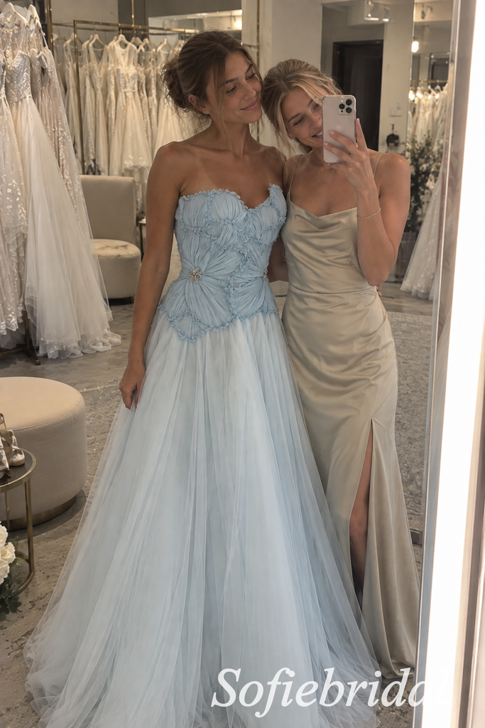 Light Blue Tulle Strapless Sweetheart Neck Pleated Ruffled Bodice Crystal Embellished Floor Length A-Line Bridesmaid Gown,PD1351