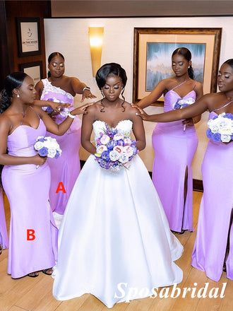 Mismatched Soft Satin One Shoulder Side Slit Mermaid Floor Length Bridesmaid Dresses, SFWG00558