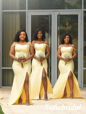 Sexy Soft Satin Spaghetti Straps Sleeveless Side Slit Mermaid Floor Length Bridesmaid Dresses, SFWG00551