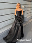 Sexy Black Soft Satin Sweetheart Sleeveless Mermaid Floor Length Prom Dress With Train, PD01092