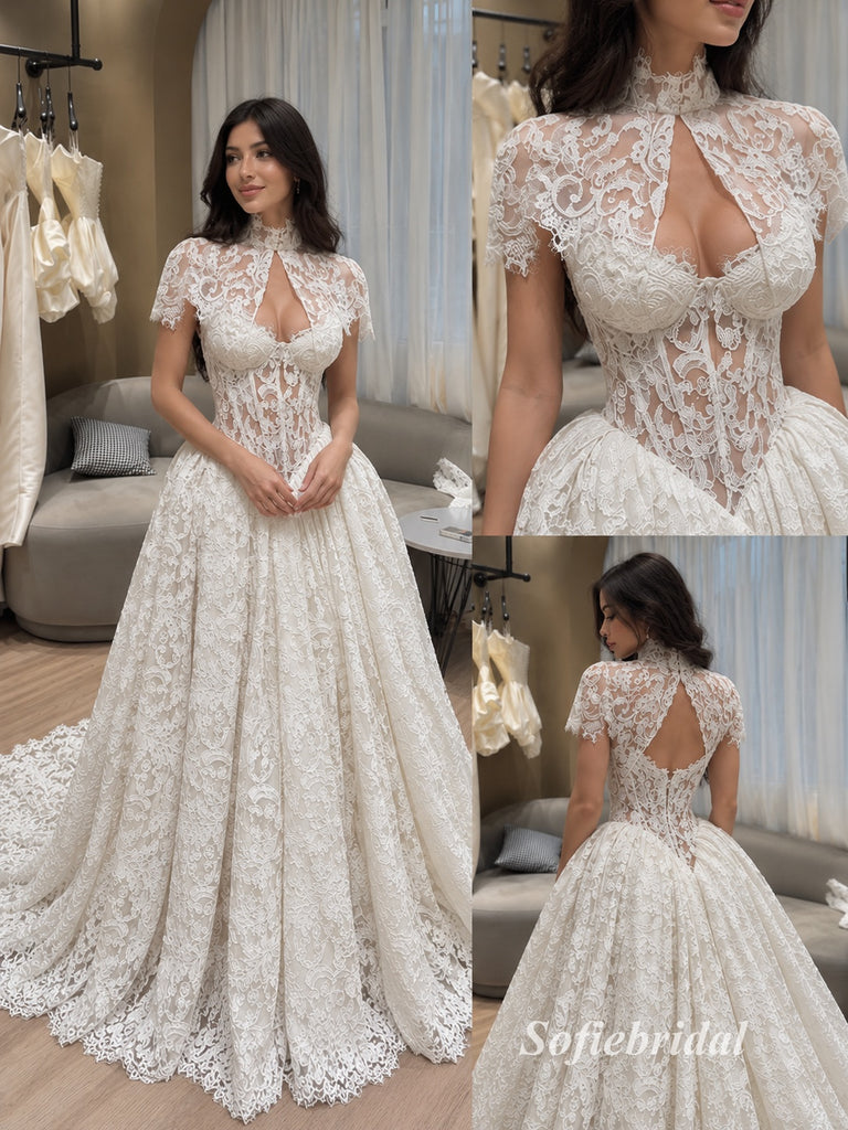 High Neck Illusion Lace Corset A-Line Wedding Dress, Keyhole Front Bridal Gown, SFWD0141