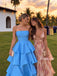 Sky Blue Strapless Satin Tiered A-Line Gown, Multi Layer Ruffle Formal Prom Dress, PD13943