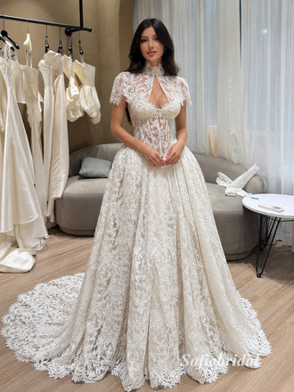 High Neck Illusion Lace Corset A-Line Wedding Dress, Keyhole Front Bridal Gown, SFWD0141