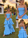 Sky Blue Strapless Satin Tiered A-Line Gown, Multi Layer Ruffle Formal Prom Dress, PD13943