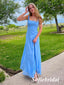 Elegant Blue Chiffon Spaghetti Straps Square Side Slit A-Line Floor Length Prom Dress, PD01044