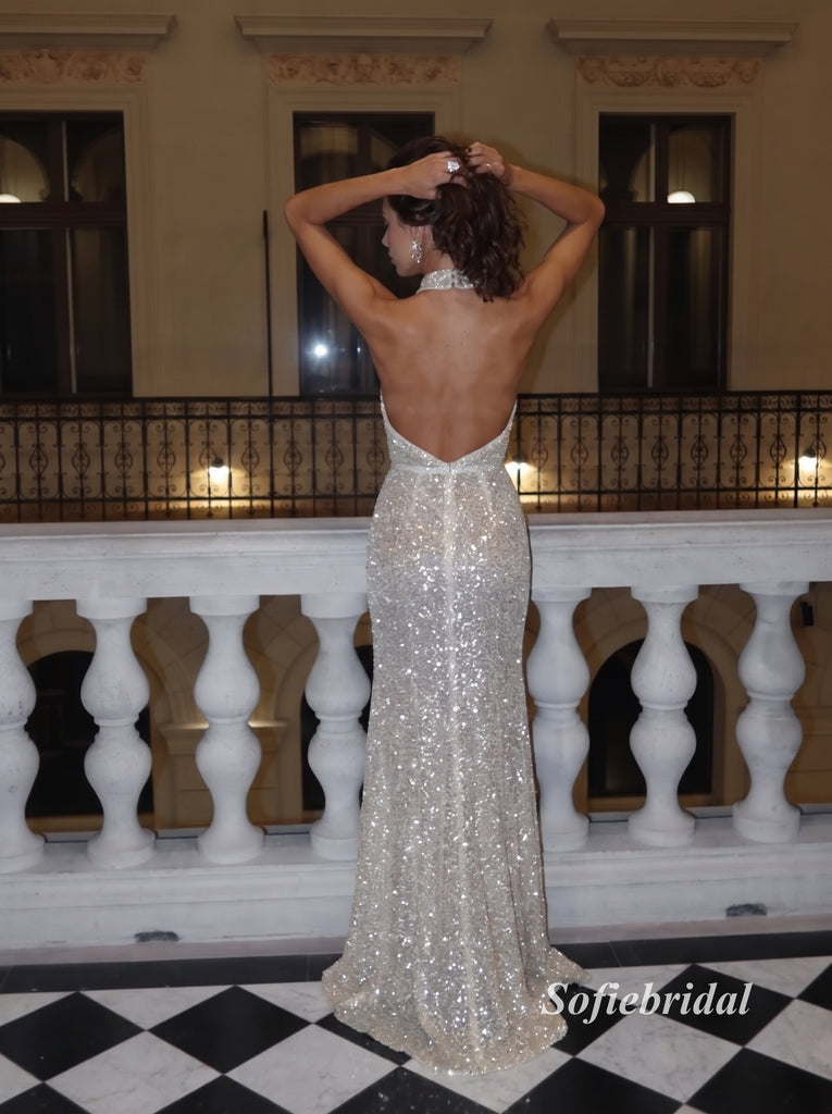 Halter High Neck Sequin Mermaid Evening Dress, Sparkly Backless Formal Gown, PD13962