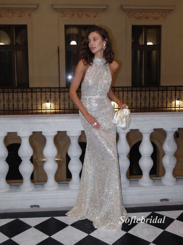 Halter High Neck Sequin Mermaid Evening Dress, Sparkly Backless Formal Gown, PD13962