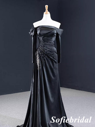 Sexy Black Soft Satin Off Shoulder Long Sleeves Mermaid Long Dress Prom Dress With Beading, PD01118