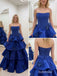 Royal Blue Strapless Tiered Ruffle Feather Satin Ball Gown, PD13921