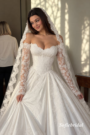 Off Shoulder Sweetheart Lace Corset Ball Gown Wedding Dress, Long Sheer Lace Sleeve Bridal Gown, SFWD0142
