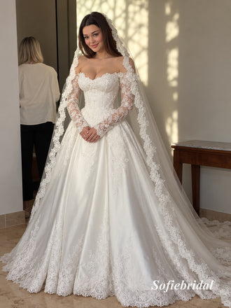 Off Shoulder Sweetheart Lace Corset Ball Gown Wedding Dress, Long Sheer Lace Sleeve Bridal Gown, SFWD0142
