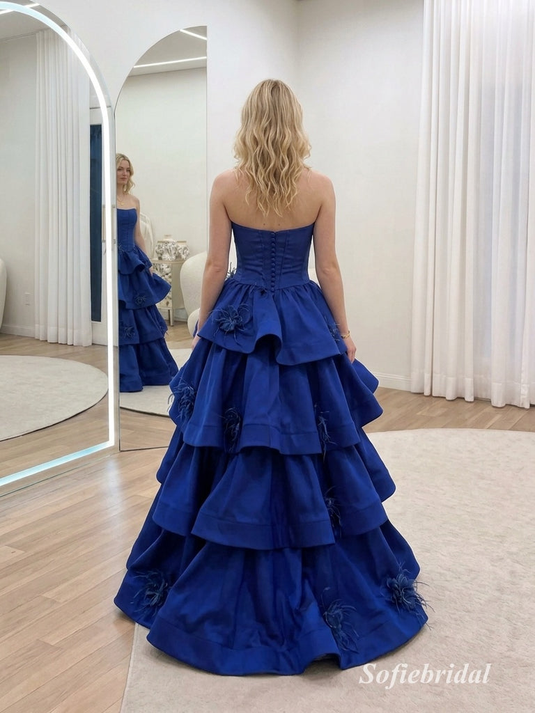 Royal Blue Strapless Tiered Ruffle Feather Satin Ball Gown, PD13921