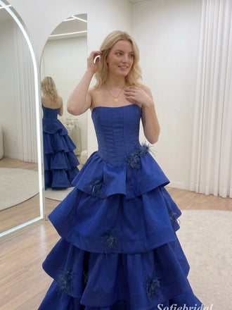 Royal Blue Strapless Tiered Ruffle Feather Satin Ball Gown, PD13921