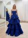 Royal Blue Strapless Tiered Ruffle Feather Satin Ball Gown, PD13921