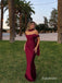 Burgundy Satin Off Shoulder Ruched Mermaid Wedding Guest Dress, PD13922